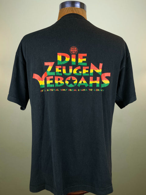 Black t-shirt with colorful text on a mannequin against a plain background