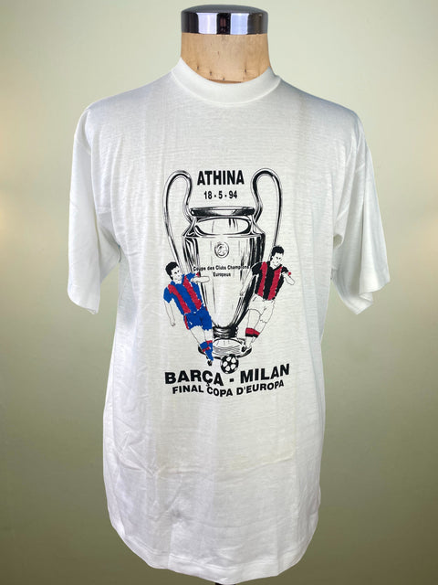 White t-shirt with Athens Champions League Final 1994 graphic on a mannequin against a beige background