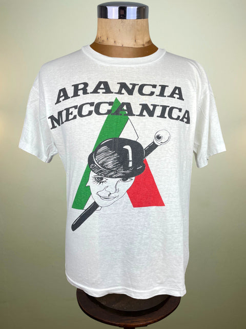 White Juventus Arancia Meccanica Ultras t-shirt with graphic design and text on a mannequin against a neutral background