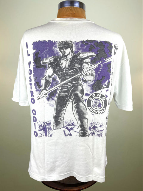 White t-shirt with graphic design on a mannequin against a neutral background