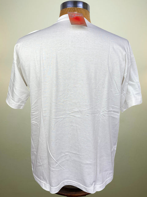 A white short-sleeve t-shirt displayed on a mannequin torso, viewed from the back against a light beige gradient background.