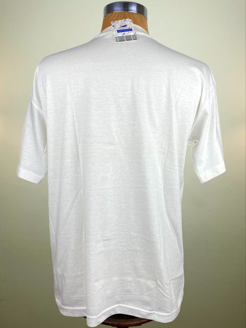 White t-shirt on a mannequin with a plain background