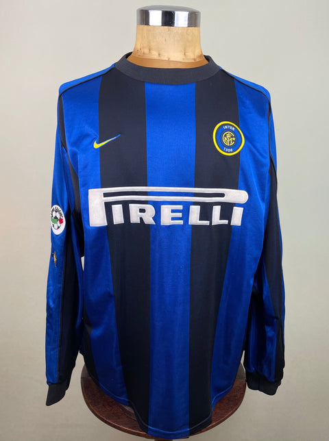 Roberto Baggio's Signed Inter Milan  1999-00 Home jersey on display with Pirelli in flock on the chest and the Nike tick.