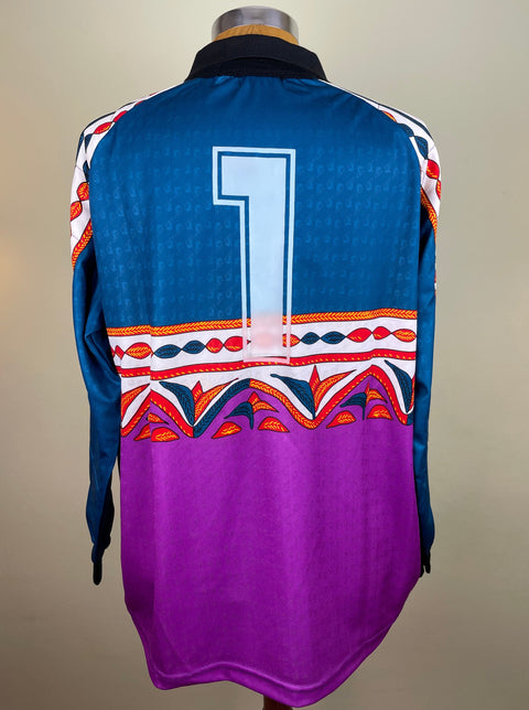 Angelo Peruzzi's match worn long-sleeved Juventus goalkeeper jersey with blue and purple colors, featuring a geometric pattern with number 1 in light plastic on the back.