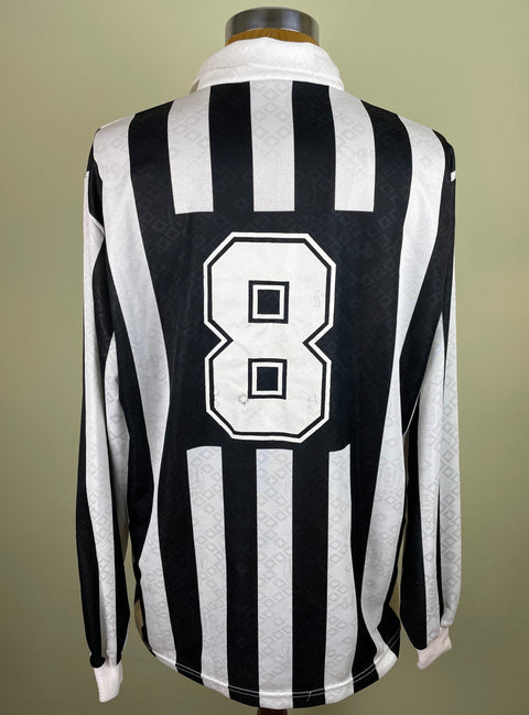 Antonio Conte's match worn 1993-94 Juventus long sleeve home shirt with back and white stripes and his number 8 painted in white on the back.