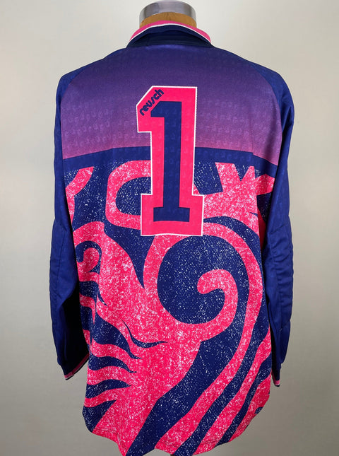 Match worn Angelo Peruzzi Juventus 1994-95 goalkeeper top with number 1 on the back and wild pink and blue pattern.