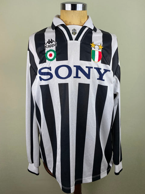 A long-sleeved black and white striped Juventus match worn 1995-96 jersey with Sony sponsor, made by Kappa.