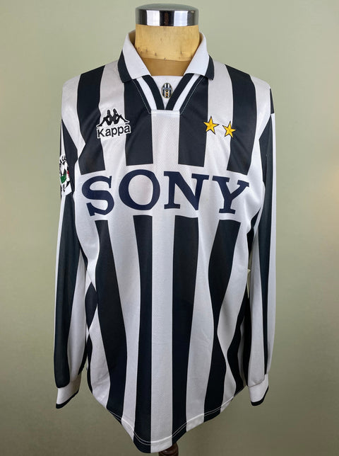 A match worn 1996-97 Juventus long sleeve home jersey in black and white, made by Kappa with Sony Sponsor and Serie A patch sewn on the arm.