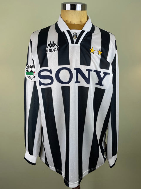 A black and white striped Juventus match worn home shirt from the 1996-97 season in long sleeve with Sony sponsor and Serie A patch sewn on the arm.