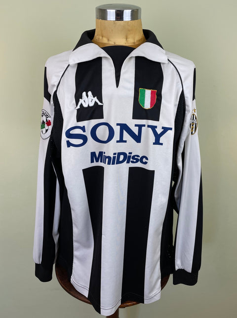 A black and white striped Juventus match worn home jersey worn by Filippo Inzaghi and made by Kappa with Sony Minidisc sponsor on the chest.