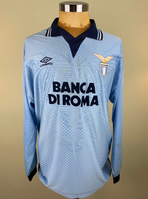 Match worn Alessandro Nesta Lazio 1995-96 Home shirt in long sleeves made by Umbro with Banca di Roma sponsor across the chest in flock lettering