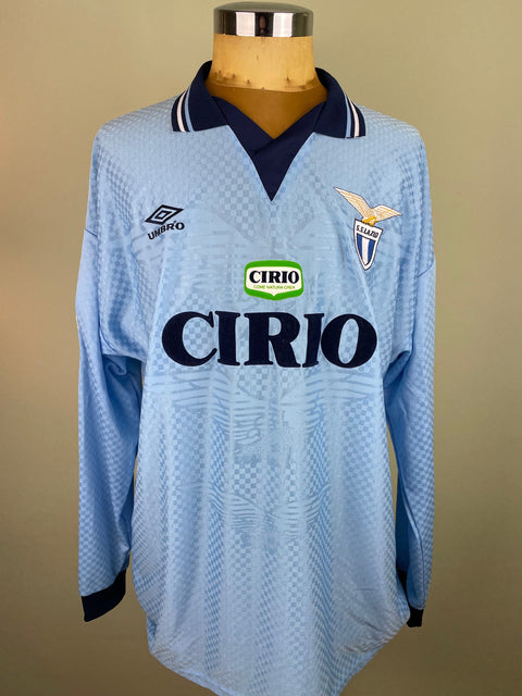 Match worn light blue long sleeve Lazio home shirt from the 1996-97 season worn by Giuseppe Signori with Cirio Sponsor in black flock across the front of the shirt. Made by Umbro.