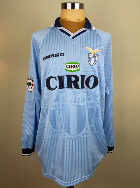 Match worn light blue long sleeve Lazio home shirt from the 1997-98 season worn by Pavel Nedved with Cirio Sponsor in black flock across the front of the shirt. Made by Umbro.