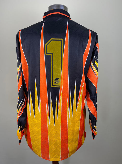 Match worn Orange long sleeve Palermo goalkeeper shirt from the 1990-91 season worn by Pietro Pappalardo with number 1 in light flock. Made by ABM.