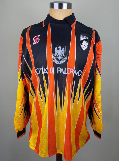 Match worn Orange long sleeve Palermo goalkeeper shirt from the 1990-91 season worn by Pietro Pappalardo with Citta di Palermo Sponsor across the chest. Made by ABM.