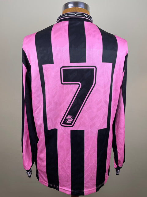 Match worn pink and black Valeriano Fiorin long sleeve Palermo home shirt from the 1993-94 season, with number 7 in light flock. Made by ABM.