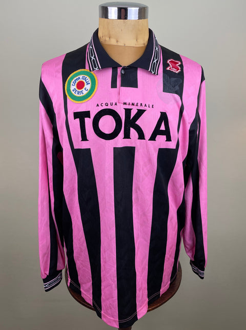 Match worn pink and black Valeriano Fiorin long sleeve Palermo home shirt from the 1993-94 season, with Toka Aqua Minerale sponsor in flock across the chest. Made by ABM.