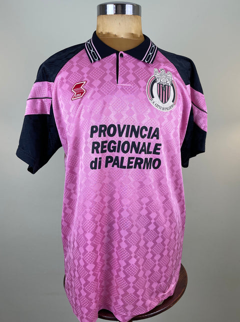 Match worn pink Fabio Liverani short sleeve Palermo home shirt from the 1994-95 season, with Provincia Regionale di Palermo Sponsor across the chest. Made by ABM.