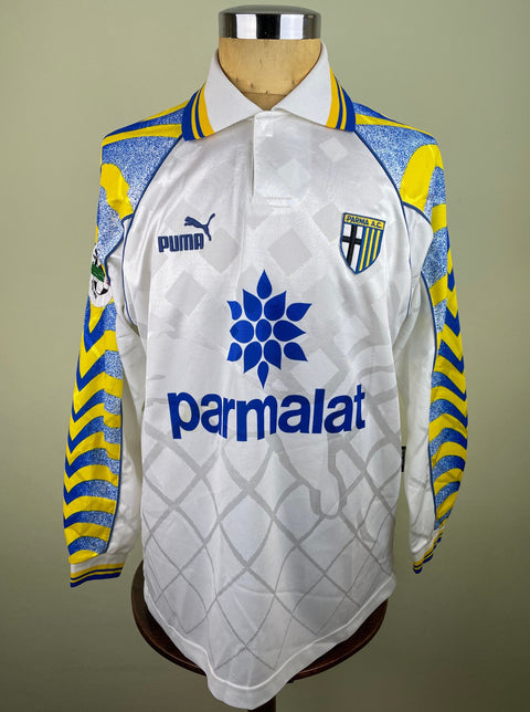Match worn white Gianfranco Zola Parma long sleeve home shirt from the 1996-97 season, with Parmalat sponsor across the chest in the fabric of the shirt. Made by Puma.