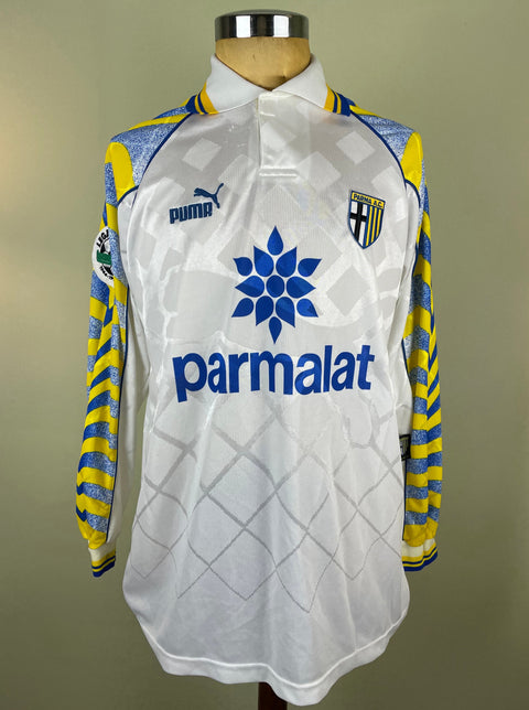 Match worn white Fabio Cannavaro Parma long sleeve home shirt from the 1996-97 season, with Parmalat sponsor across the chest in the fabric of the shirt. Made by Puma.