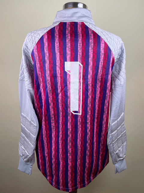 Pink and Grey AS Roma 1990/91 goalkeeper shirt, long sleeves, number 1 in white plastic. Match-worn by Giovanni Cervone. Made by Ennerre.