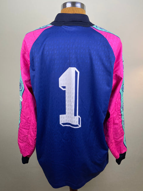 Pink and Blue AS Roma 1993/94 goalkeeper shirt, long sleeves, number 1 in the fabric of the shirt. Match-worn by Fabrizio Lorieri.