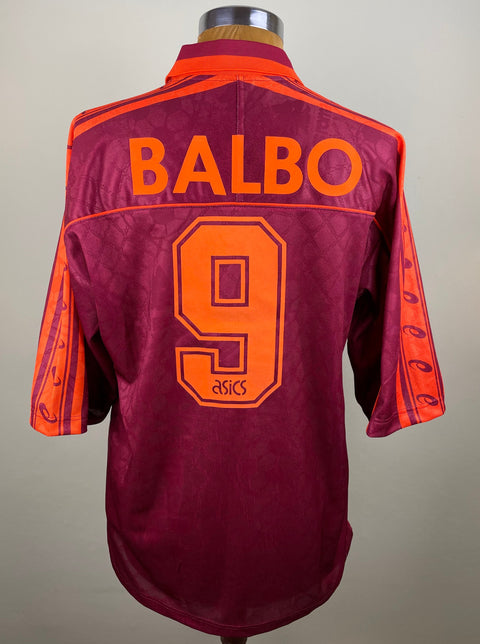 Maroon AS Roma 1995/96 home shirt, short sleeves, BALBO 9 in orange flock across the back. Match-worn by Abel Balbo vs Lazio.