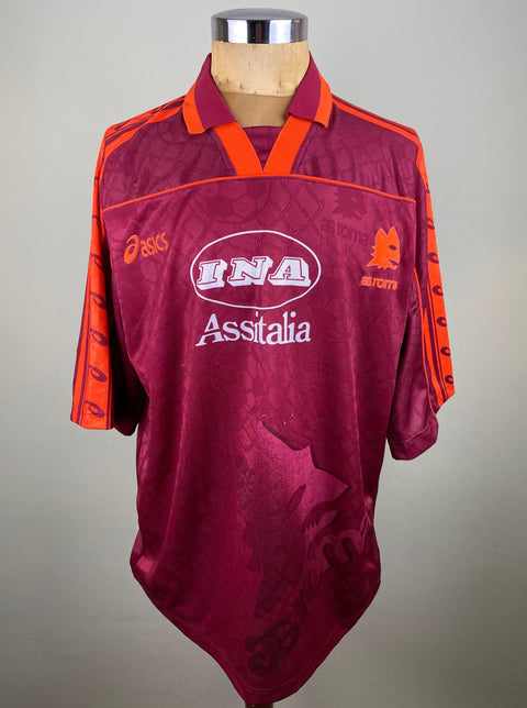 Maroon AS Roma 1995/96 home shirt, short sleeves, INA Assitalia sponsor across the chest. Match-worn by Abel Balbo vs Lazio. Asics logo.