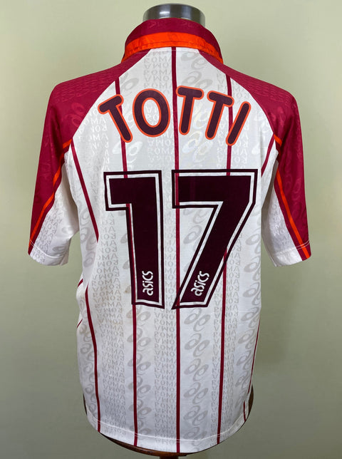 White AS Roma 1996/97 away shirt, short sleeves, Totti 17 in maroon flock across the back. Match-worn by Francesco Totti.