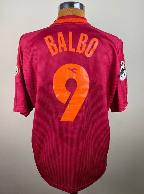 Maroon AS Roma 1997/98 home shirt, short sleeves, BALBO 9 in light orange plastic across the back. Match-worn by Abel Balbo.