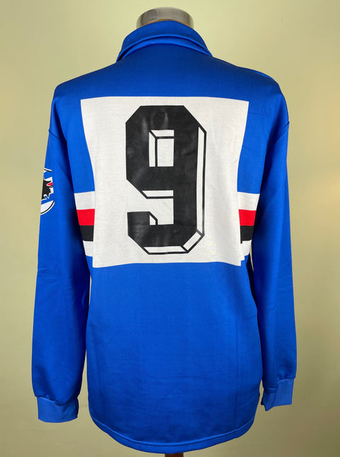 Blue Sampdoria 1988/89 home shirt, long sleeves, number 9 in light plastic across the back. Match-worn by Gianluca Vialli.