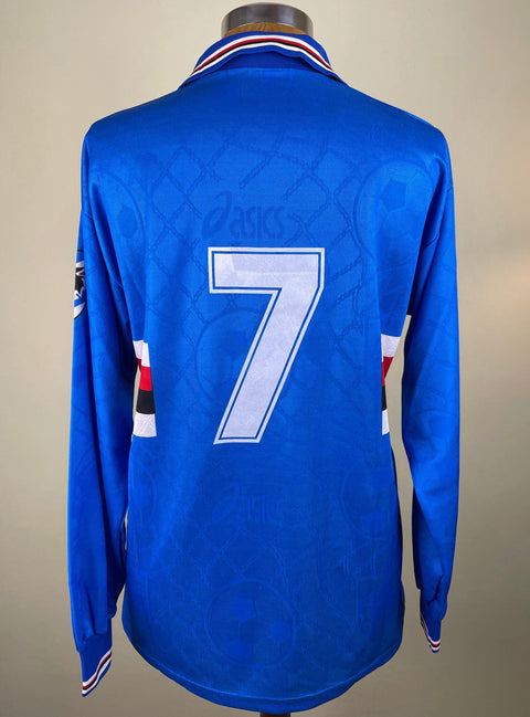Blue Sampdoria 1994/95 home shirt, long sleeves, number 7 painted across the back. Match-worn by Attilio Lombardo.