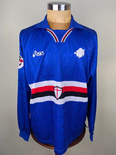 Blue Sampdoria 1996/97 home shirt, long sleeves, no sponsor across the chest, Asics logo. Match-worn Roberto Mancini.