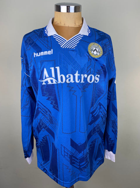 Blue Udinese 1995/96 away shirt, long sleeves, Albatros sponsor across the chest, Hummel logo; match-worn by Oliver Bierhoff.