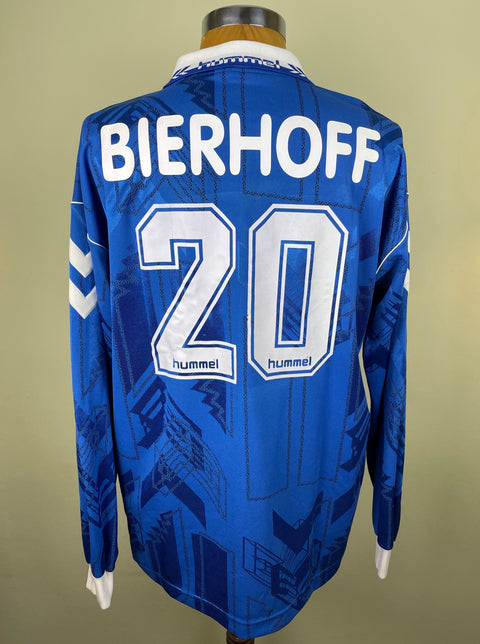 Blue Udinese 1995/96 away shirt, long sleeves, BIERHOFF 20 in white plastic text across the back, Hummel logo; match-worn by Oliver Bierhoff.